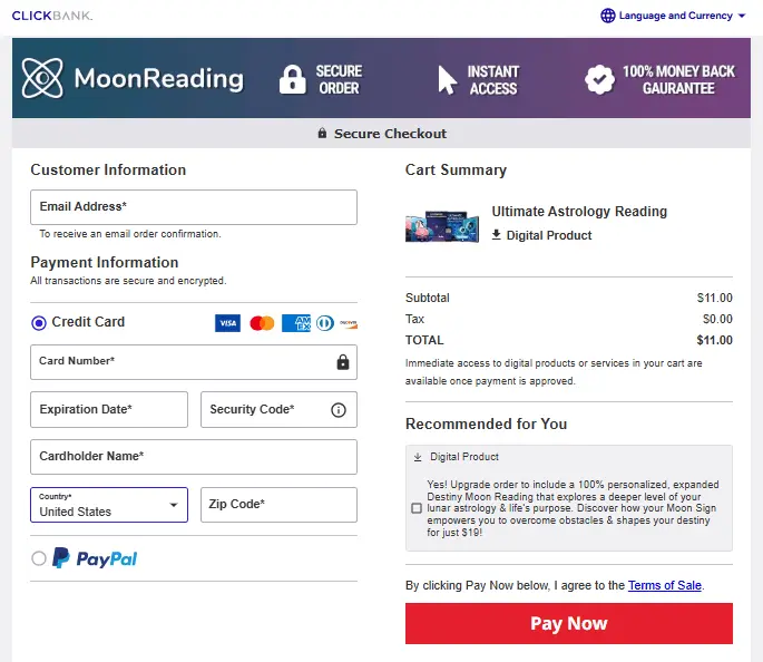 Moon Reading Checkout Page